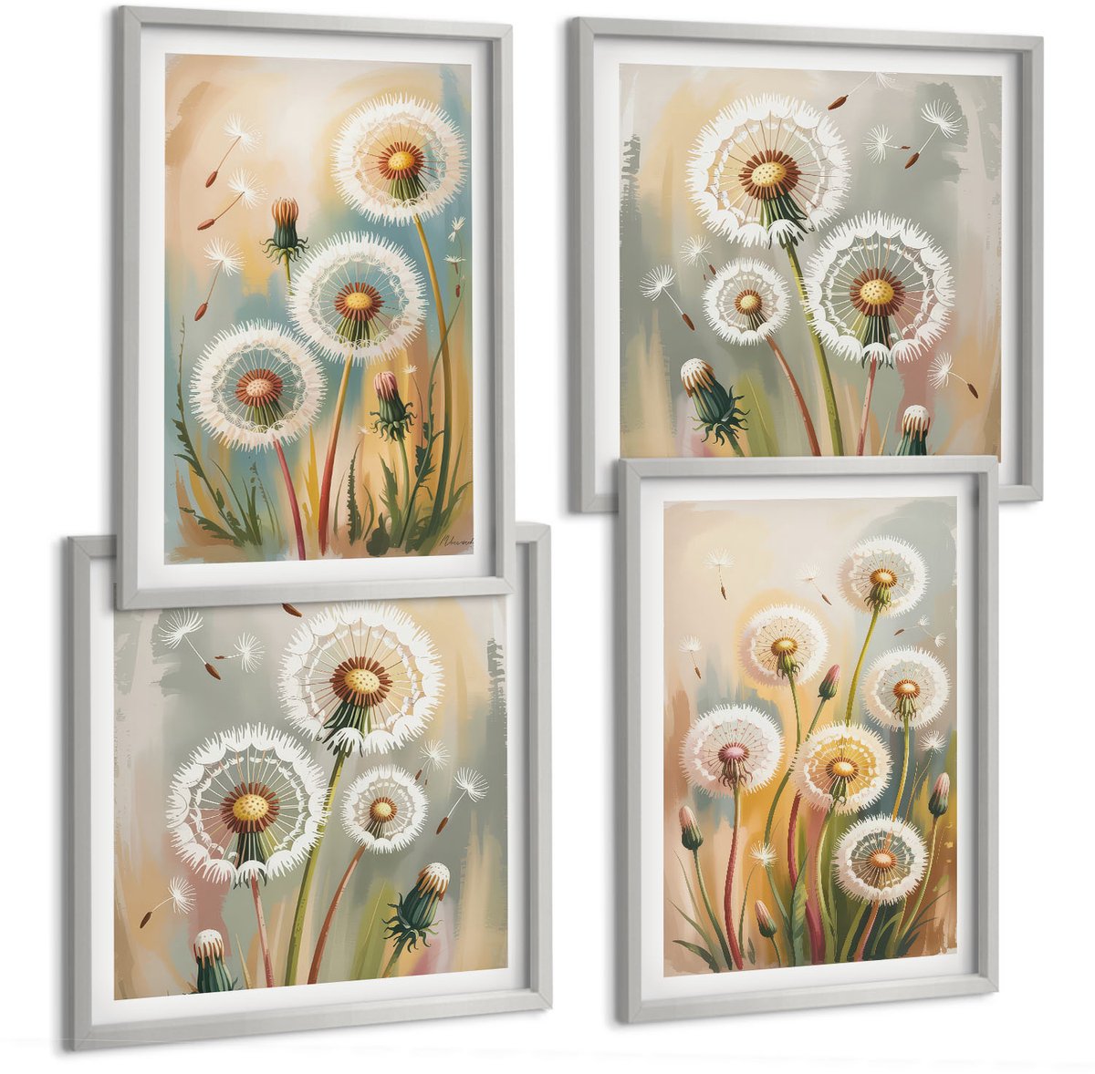 Coloray 4-Delige Schilderij Set - Paardenbloemen Tegen Een Pastelkleurige Grasachtergrond - 40 x 40 cm En 40 x 60 cm - Wanddecoratie - Schilderijen Set - Kantoor - Stijlvolle Muurdecoratie