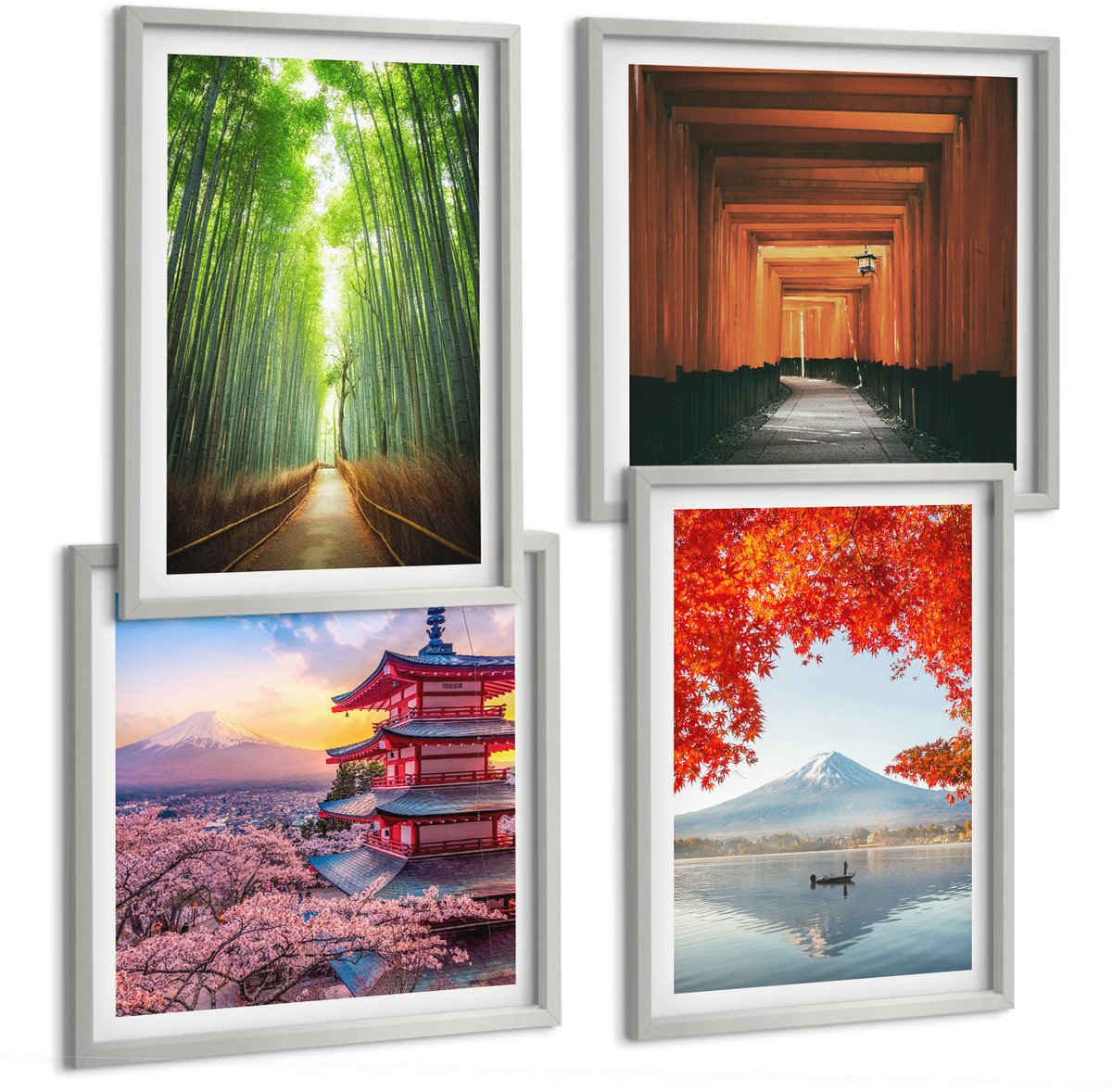 Coloray 4-Delige Schilderij Set - Bamboebos, Mount Fuji, Torii-Pad, Japanse Architectuur - 40 x 40 cm En 40 x 60 cm - Stijlvolle Muurdecoratie - Kantoor