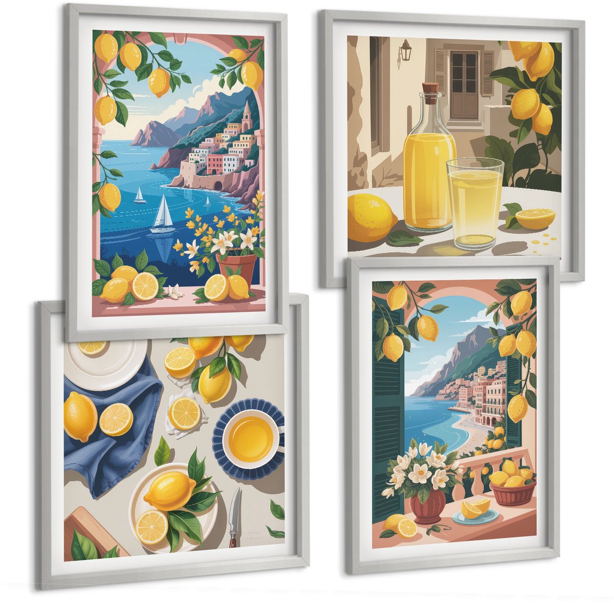 Coloray 4-Delige Schilderij Set - Zeezichtraam Met Italiaanse Citroenen - 40 x 40 cm En 40 x 60 cm - Muurdecoratie - Interieur Decoratie - Decoratieve Schilderijen