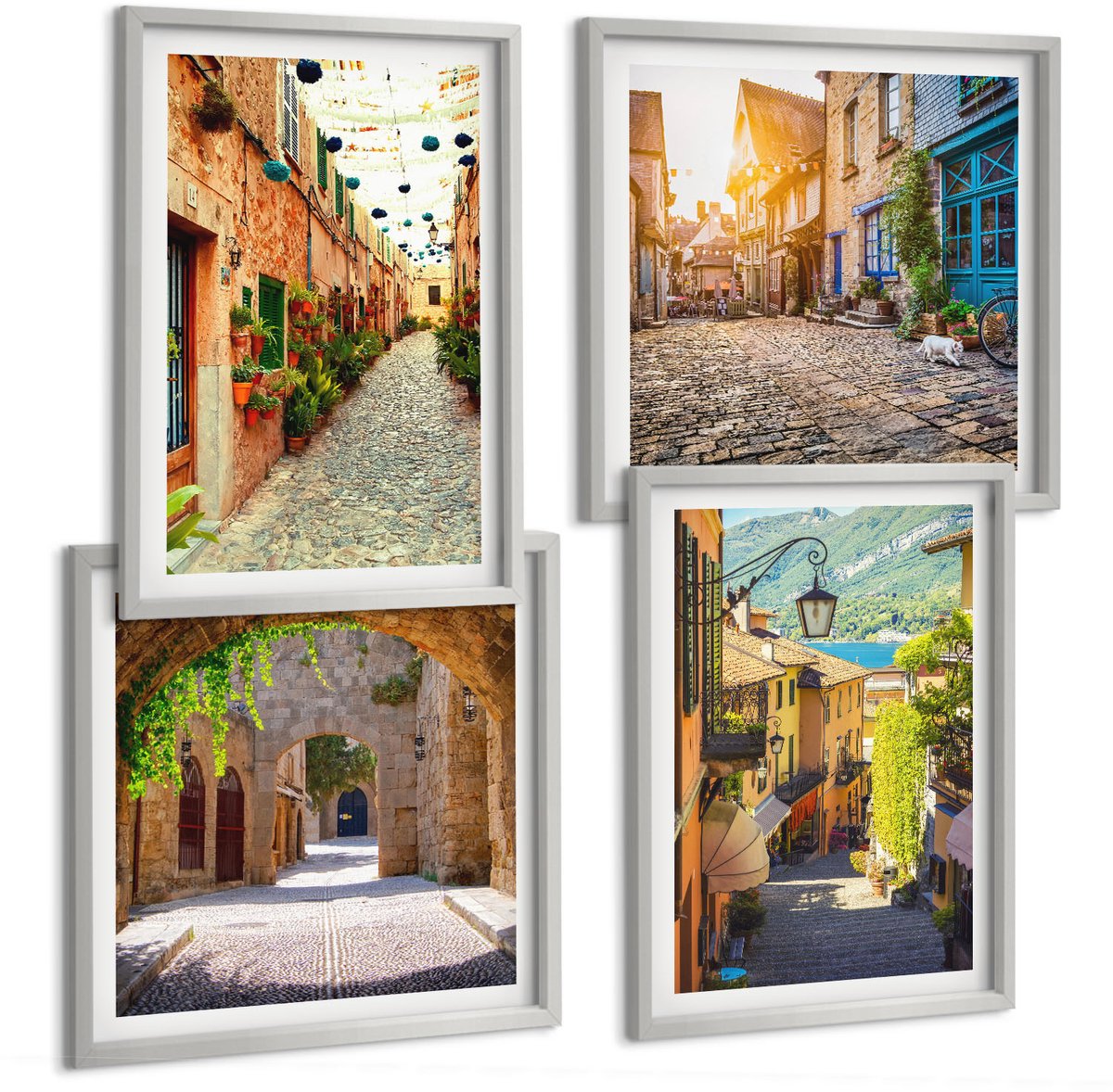 Coloray 4-Delige Schilderij Set - Sfeervolle Straatjes Met Stenen Gebouwen En Poorten. - 40 x 40 cm En 40 x 60 cm - Decoratieve Muurdecoratie - Slaapkamer - Wanddecoratie