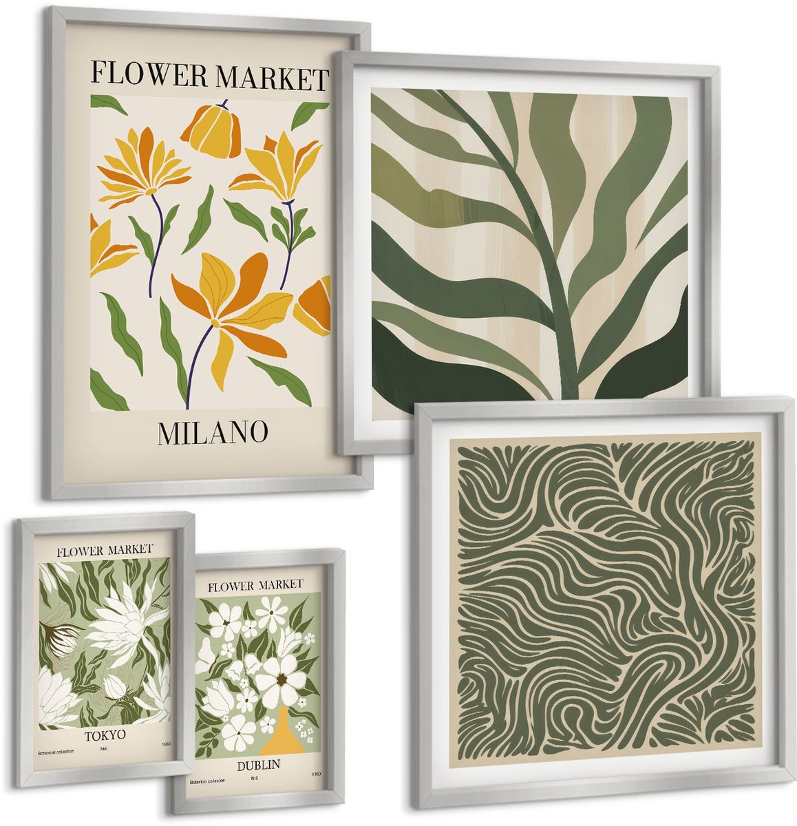 Coloray 5-Delige Schilderij Set - Abstracte Plantmotieven In Rustieke Boho-Stijl - 20 x 30 cm - Wanddecoratie - Schilderijen Set - Kantoor - Stijlvolle Muurdecoratie