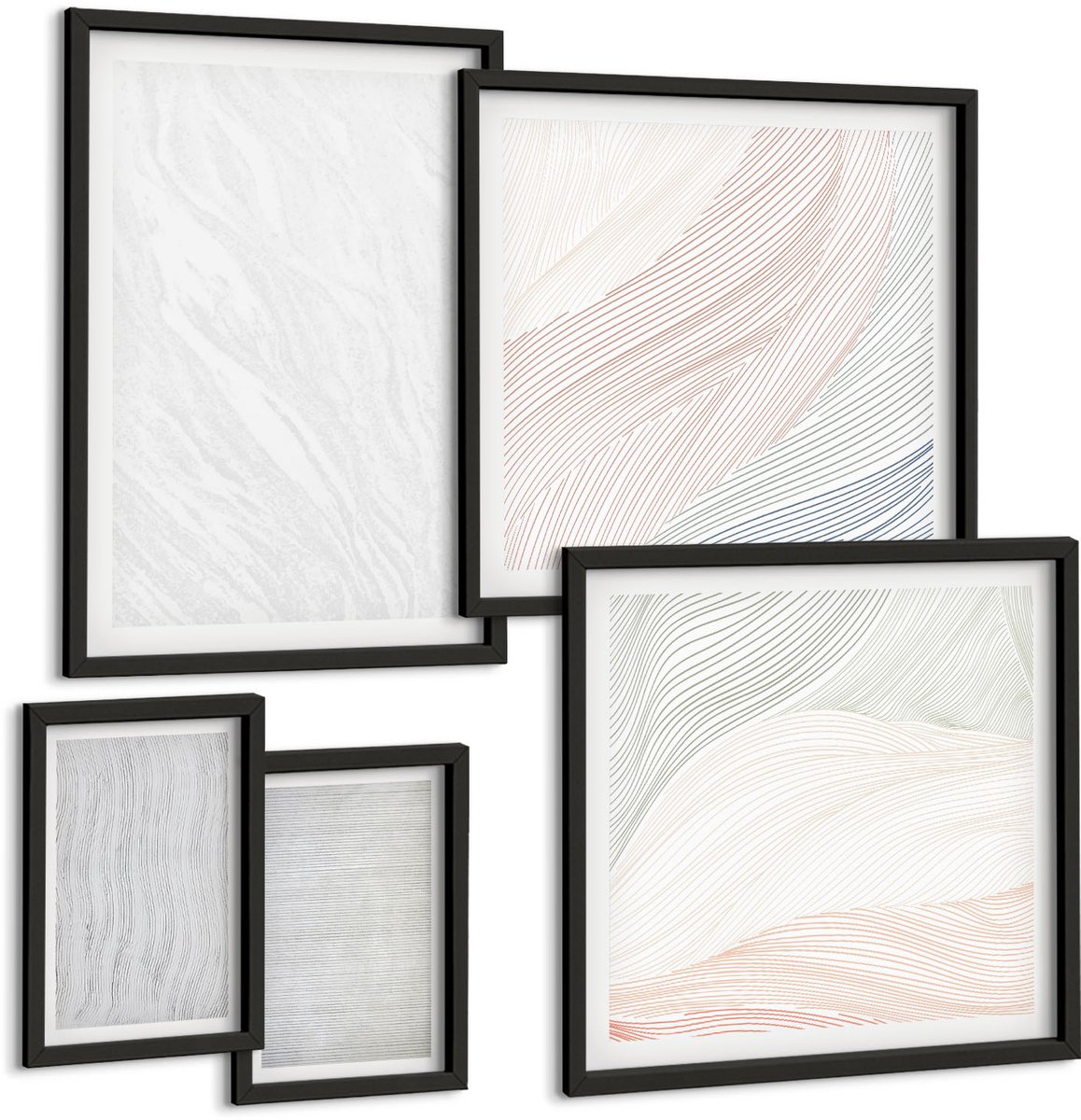 Coloray 5-Delige Schilderij Set - Heldere Structuren, Snaarpatronen Op Zand - 50 x 50 cm, 20 x 30 cm En 40 x 60 cm - Muurdecoratie - Schilderijen Set - Woonkamer - Wanddecoratie