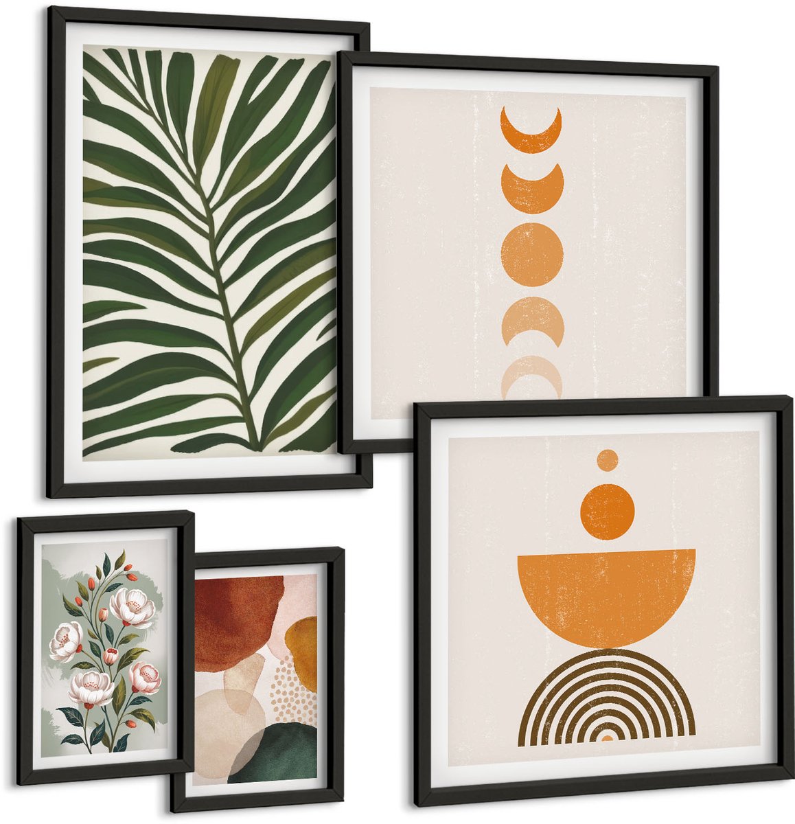 Coloray 5-Delige Schilderij Set - Bloemenpatronen En Abstracte Vormen In Boho-Stijl - 50 x 50 cm, 20 x 30 cm En 40 x 60 cm - Wanddecoratie - Muurdecoratie - Woonkamer