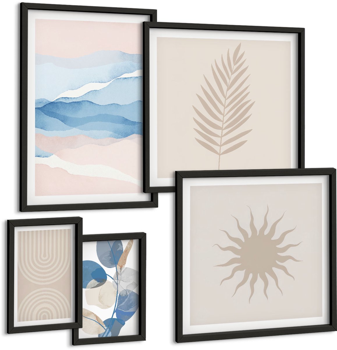 Coloray 5-Delige Schilderij Set - Abstracte Composities Met Plantmotieven En Golven - 50 x 50 cm, 20 x 30 cm En 40 x 60 cm - Moderne Wanddecoratie - Woonkamer