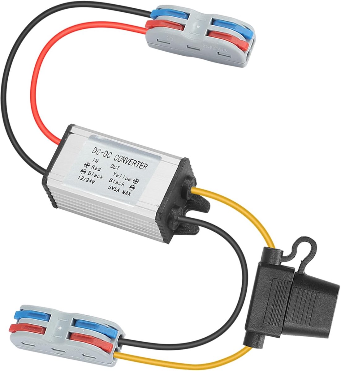 12V 24V naar 5V 5A 25W omvormer, DC 8V-32V step-down converter met spanningseindregelaar en waterdichte bescherming.