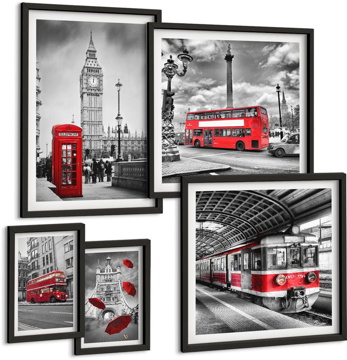 Coloray 5-Delige Schilderij Set - Londense Motieven Met Rode Accenten En Architectuur - 50 x 50 cm, 20 x 30 cm En 40 x 60 cm - Moderne Wanddecoratie - Woonkamer - Muurdecoratie Zwarte lijst