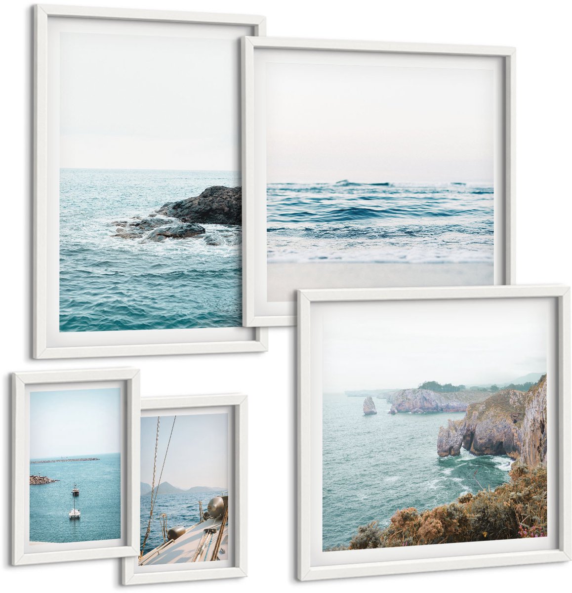 Coloray 5-Delige Schilderij Set - Rustig Uitzicht Op Zee Met Stranden En Kliffen - 50 x 50 cm, 20 x 30 cm En 40 x 60 cm - Wanddecoratie - Woonkamer Decoratie - Muurdecoratie