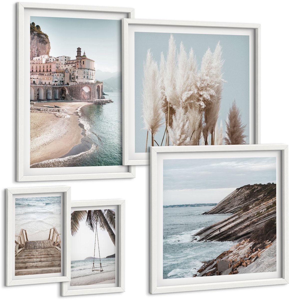 Coloray 5-Delige Schilderij Set - Stijlvol Uitzicht Op Zee Met Stranden En Architectuur - 50 x 50 cm, 20 x 30 cm En 40 x 60 cm - Stijlvolle Muurdecoratie - Kantoor - Moderne Wanddecoratie