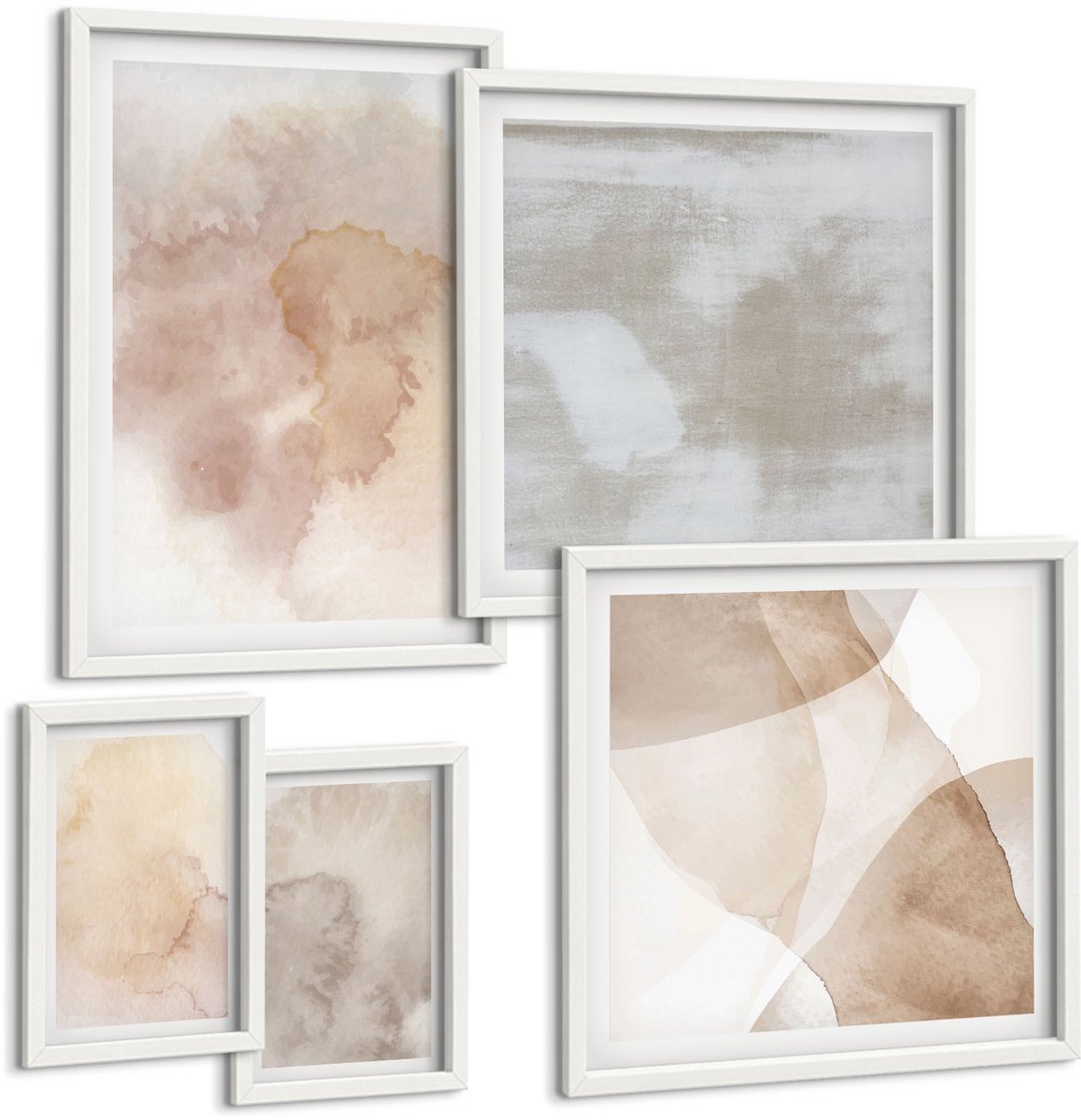 Coloray 5-Delige Schilderij Set - Warme Aquarelverf Op Canvas, Pasteltexturen - 50 x 50 cm, 20 x 30 cm En 40 x 60 cm - Stijlvolle Muurdecoratie - Slaapkamer - Decoratieve Schilderijen