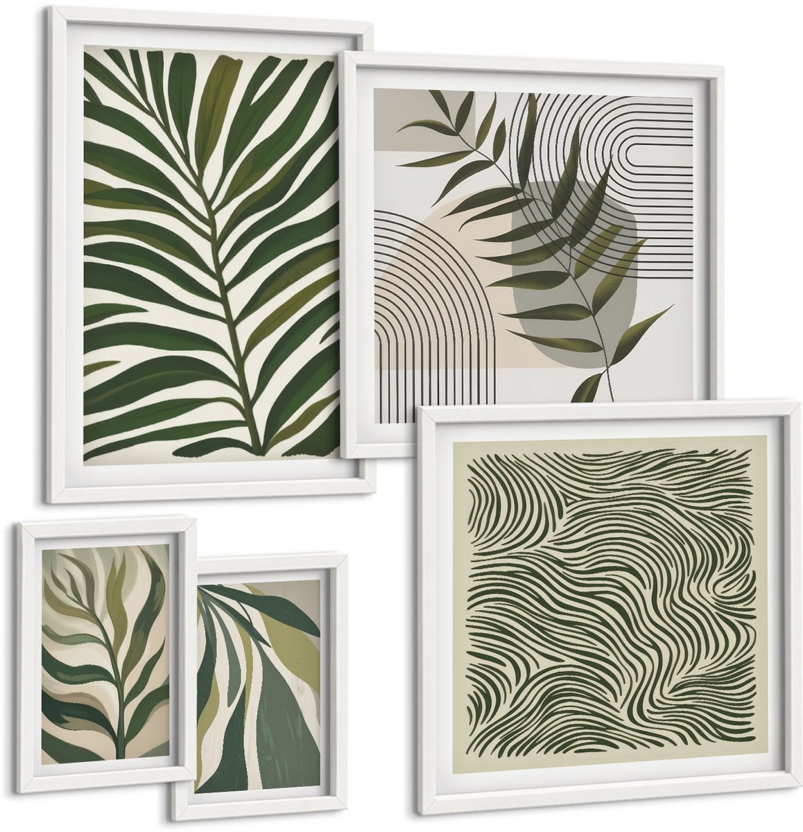 Coloray 5-Delige Schilderij Set - Plantenpatronen In Een Moderne En Minimalistische Stijl - 50 x 50 cm, 20 x 30 cm En 40 x 60 cm - Schilderijen Set - Wanddecoratie - Woonkamer - Muurdecoratie