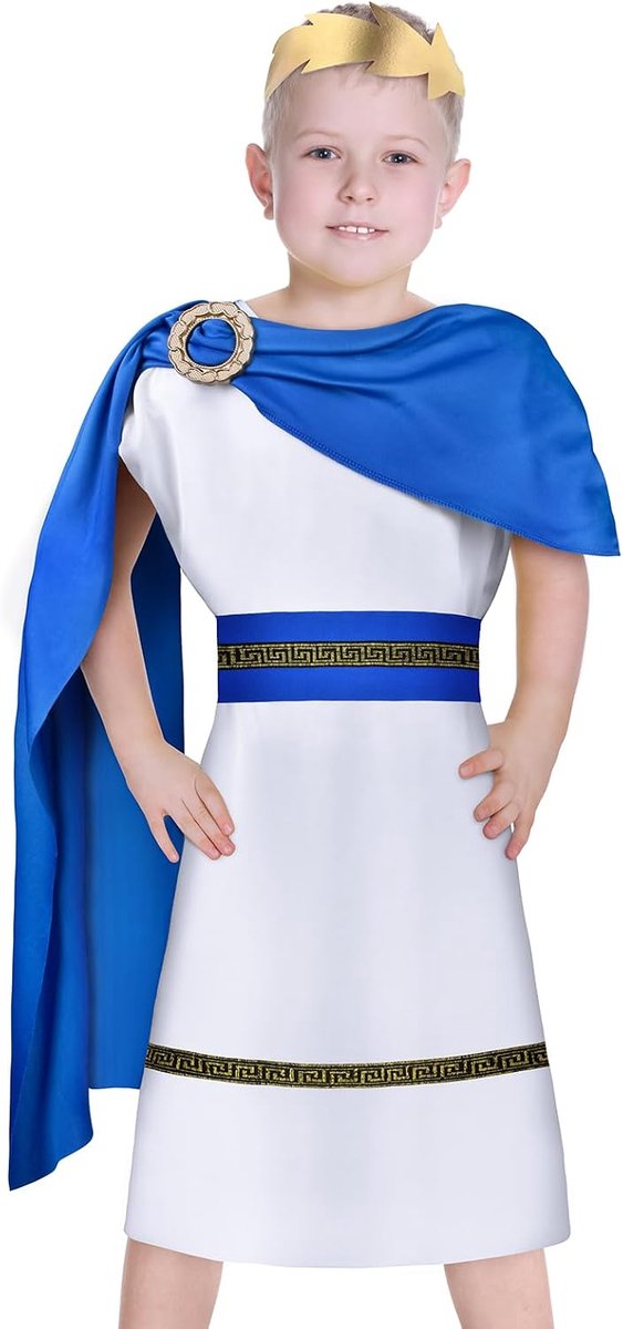 Romeinse keizer verkleedkostuum voor jongens, Romeins toga-kostuum voor kinderen met hoofddeksel, sjaal en riem, Romeinse toga jongensboekenweekkostuum, oud Grieks kinderkostuum voor cosplay