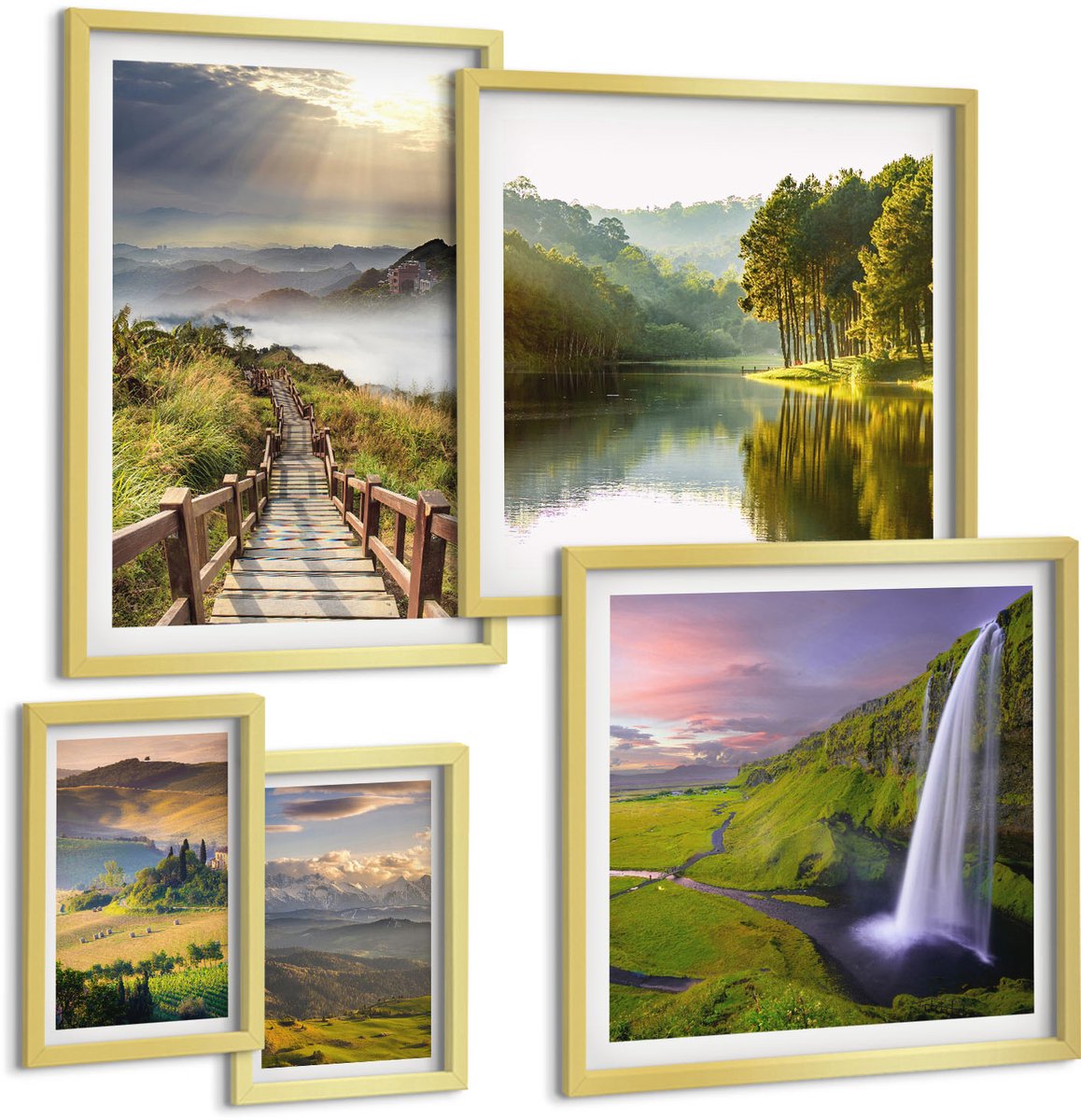 Coloray 5-Delige Schilderij Set - Natuurlijke Landschappen Met Watervallen En Uitzicht Op De Bergen - 50 x 50 cm, 20 x 30 cm En 40 x 60 cm - Decoratieve Schilderijen - Wanddecoratie - Hal - Woonkamer Decoratie