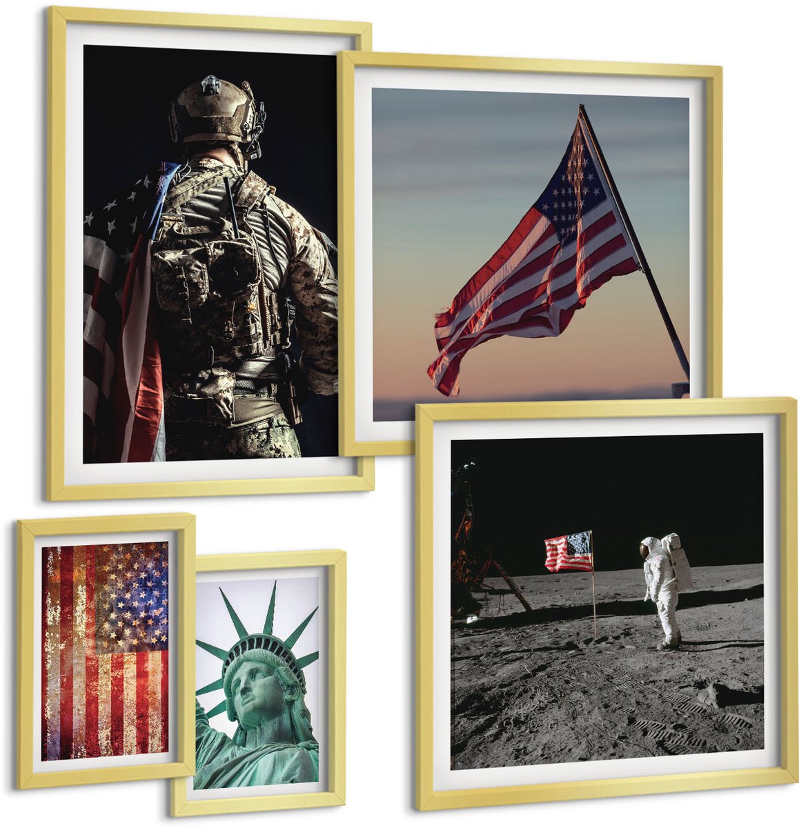 Coloray 5-Delige Schilderij Set - Geschiedenis En Ontdekkingen Van Amerikaanse Patriottische Symboliek - 50 x 50 cm, 20 x 30 cm En 40 x 60 cm - Muurdecoratie - Interieur Decoratie - Stijlvolle Muurdecoratie
