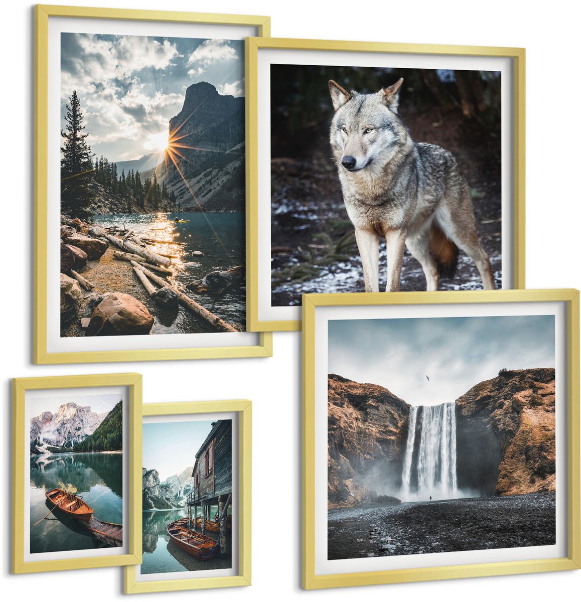 Coloray 5-Delige Schilderij Set - Natuurlandschappen Met Wilde Dieren En Watervallen - 50 x 50 cm, 20 x 30 cm En 40 x 60 cm - Wanddecoratie - Woonkamer Decoratie - Decoratieve Schilderijen