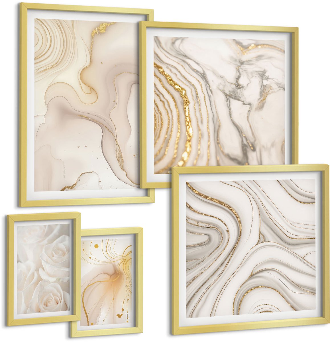 Coloray 5-Delige Schilderij Set - Abstracte Composities In Beige En Witte Tinten. - 50 x 50 cm, 20 x 30 cm En 40 x 60 cm - Stijlvolle Muurdecoratie - Slaapkamer