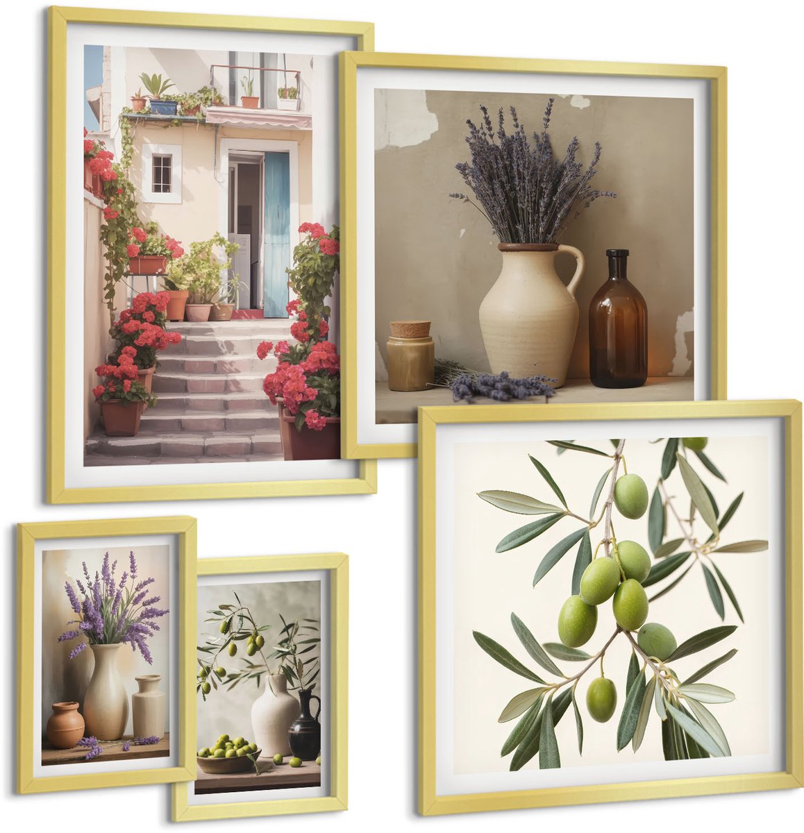 Coloray 5-Delige Schilderij Set - Stijlvol Interieur Met Bloemen En Fruit In Een Rustieke Sfeer. - 50 x 50 cm, 20 x 30 cm En 40 x 60 cm - Moderne Wanddecoratie - Woonkamer - Stijlvolle Muurdecoratie