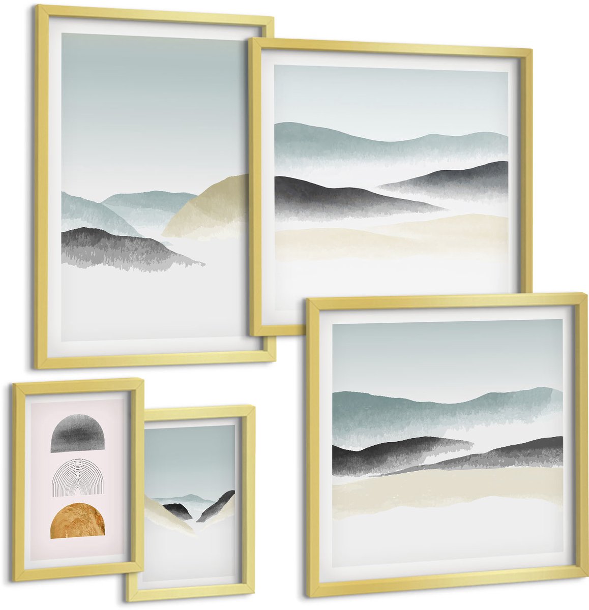 Coloray 5-Delige Schilderij Set - Abstracte Landschappen In Delicate Natuurlijke Tinten. - 50 x 50 cm, 20 x 30 cm En 40 x 60 cm - Wanddecoratie - Schilderijen Set - Kantoor - Interieur Decoratie