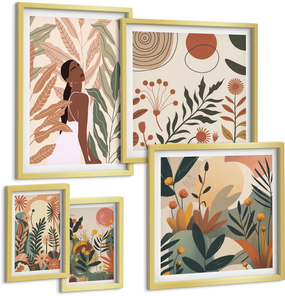 Coloray 5-Delige Schilderij Set - Boho-Stijl Met Figuren En Plantmotieven - 50 x 50 cm, 20 x 30 cm En 40 x 60 cm - Moderne Wanddecoratie - Slaapkamer