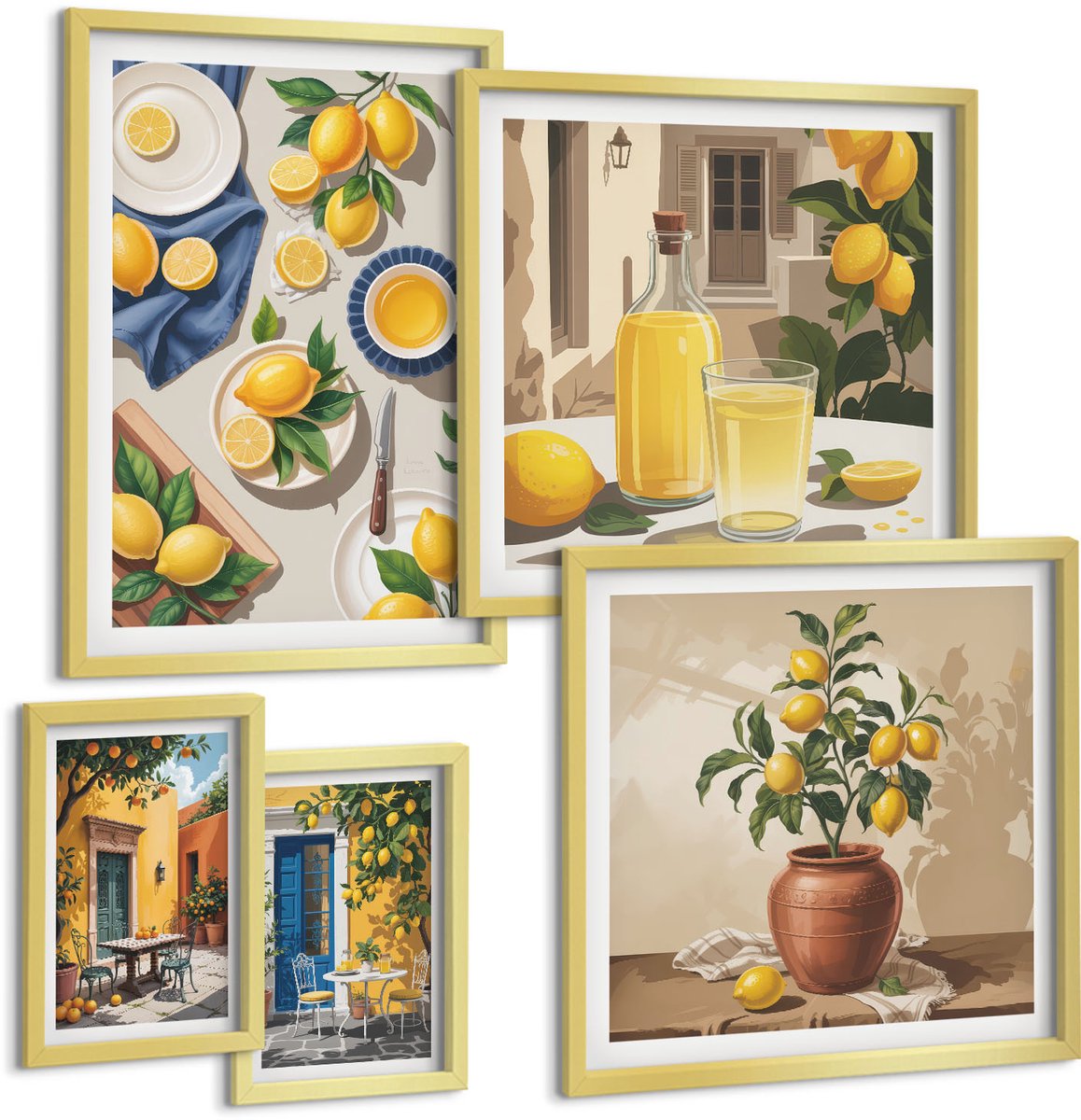 Coloray 5-Delige Schilderij Set - Citroeninspiratie In Mediterrane Stijl - 50 x 50 cm, 20 x 30 cm En 40 x 60 cm - Decoratieve Schilderijen - Wanddecoratie - Hal - Interieur Decoratie