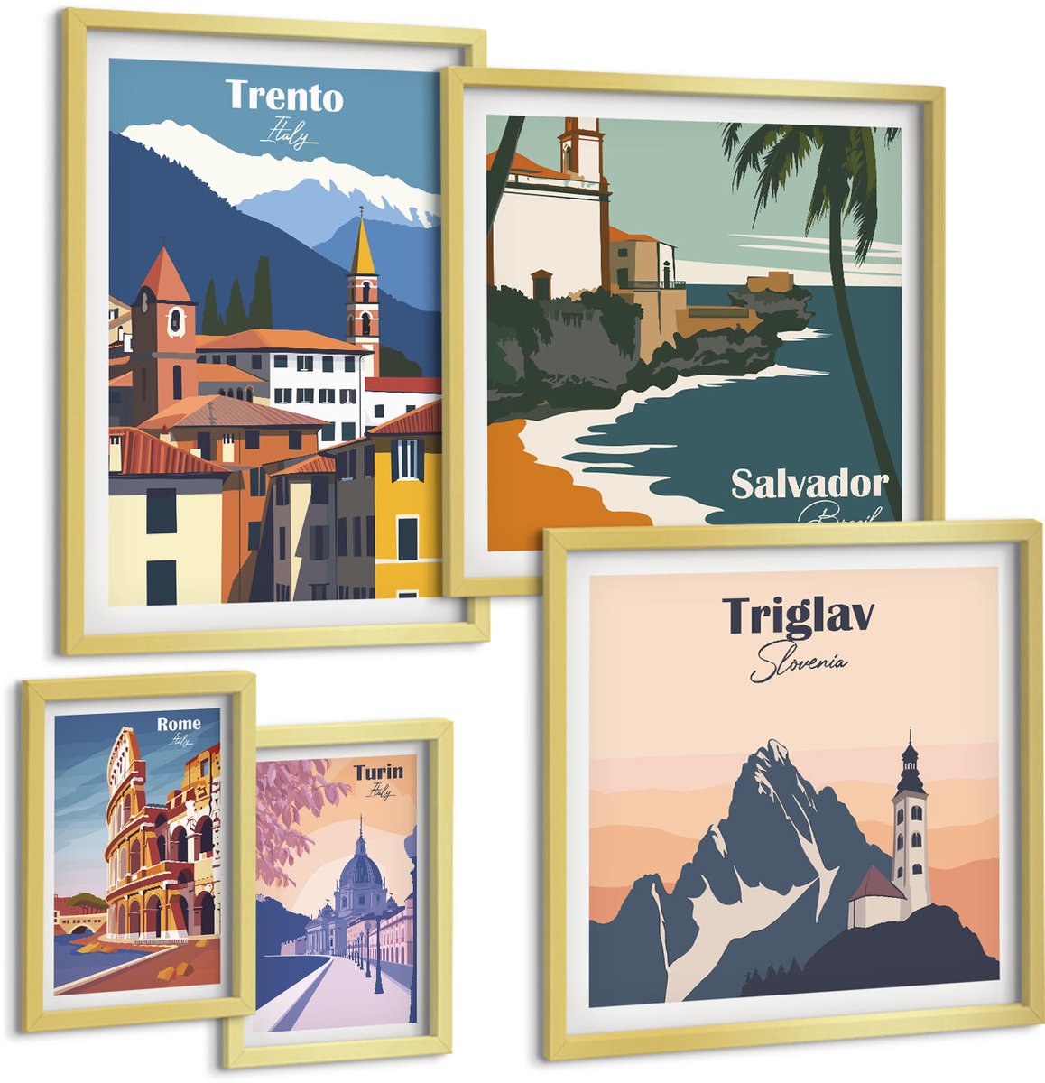 Coloray 5-Delige Schilderij Set - Europese Steden En Landschappen In Retrostijl - 50 x 50 cm, 20 x 30 cm En 40 x 60 cm - Moderne Wanddecoratie - Woonkamer - Decoratieve Schilderijen