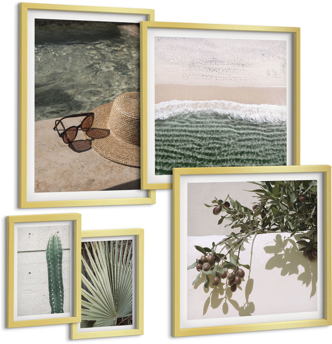 Coloray 5-Delige Schilderij Set - Zomerse Accenten Met Planten En Ontspanning Aan Het Water - 50 x 50 cm, 20 x 30 cm En 40 x 60 cm - Wanddecoratie - Moderne Interieurdecoratie - Interieur Decoratie