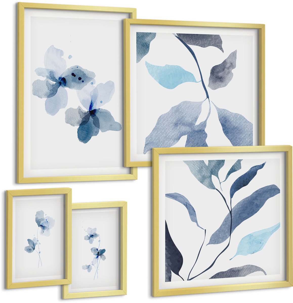 Coloray 5-Delige Schilderij Set - Stijlvolle Aquarelbloemen En -Bladeren In Blauwe Tinten - 50 x 50 cm, 20 x 30 cm En 40 x 60 cm - Muurdecoratie - Wanddecoratie - Hal - Stijlvolle Muurdecoratie