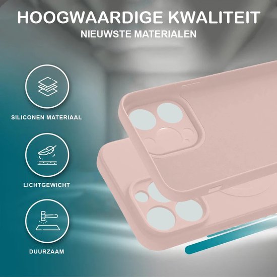 Roze siliconen hoesjes gestapeld, met iconen voor siliconen materiaal, lichtgewicht en duurzaam.