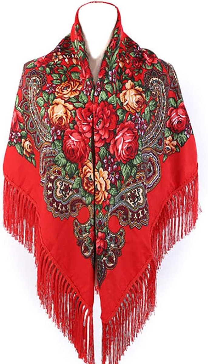 Traditionele Omslagdoek met Franjes - Retro Bloemenponcho - Dames