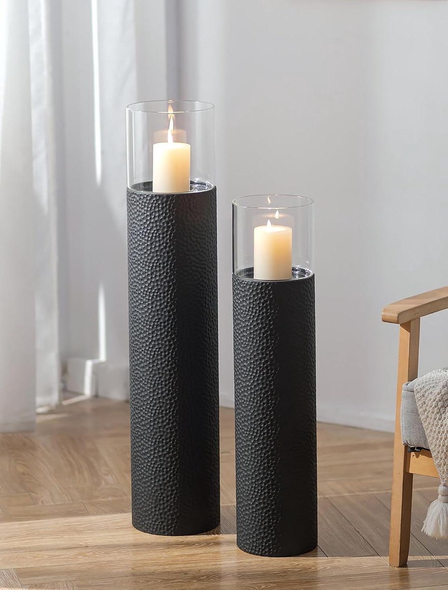 Vloerkaarsenstandaards Set - Hoge Kandelaars - Sfeerverlichting Creëren - Winddicht Glasontwerp - 85/70cm Hoog - Zwart