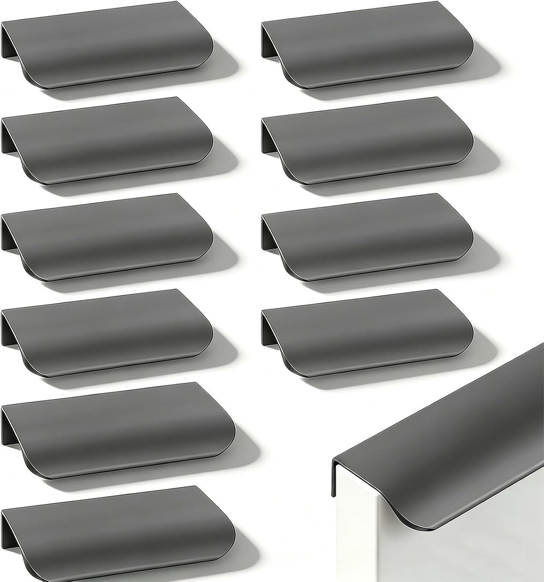 Verborgen Meubelhendels Set van 10, Gebogen Design, Aluminium Deurgrepen voor Keukenkasten, Kasten en Lades (Grijs, 80mm)