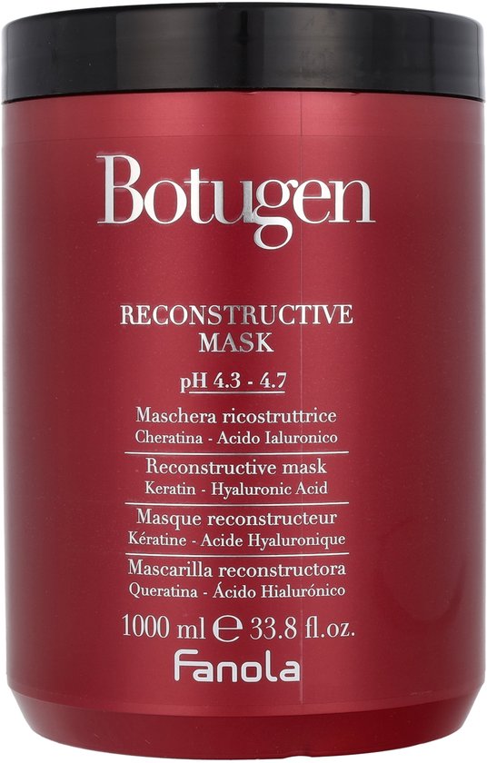 Rode pot met Fanola Botugen Reconstructive Mask, 1000 ml. Met tekst: 'Keratin - Hyaluronic Acid'.