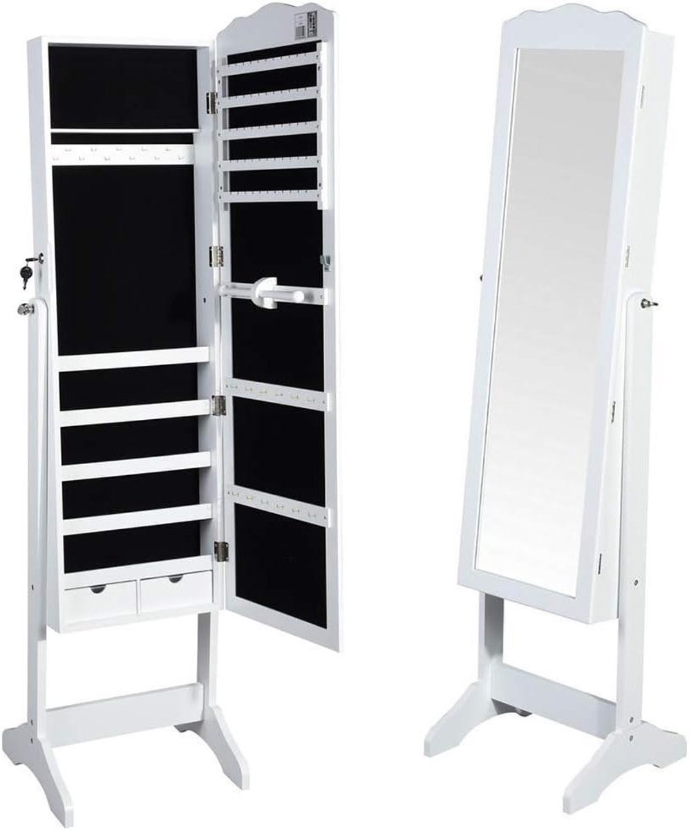 Sieradenkast - Spiegelkast - Sieraden Opbergen - Volledig Kantelbaar - 158 x 40 cm - Wit