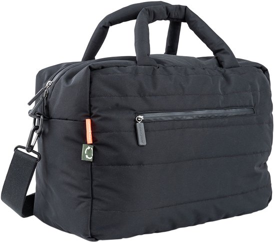 Sac à langer noir avec poignées, bandoulière et une poche zippée à l'arrière.