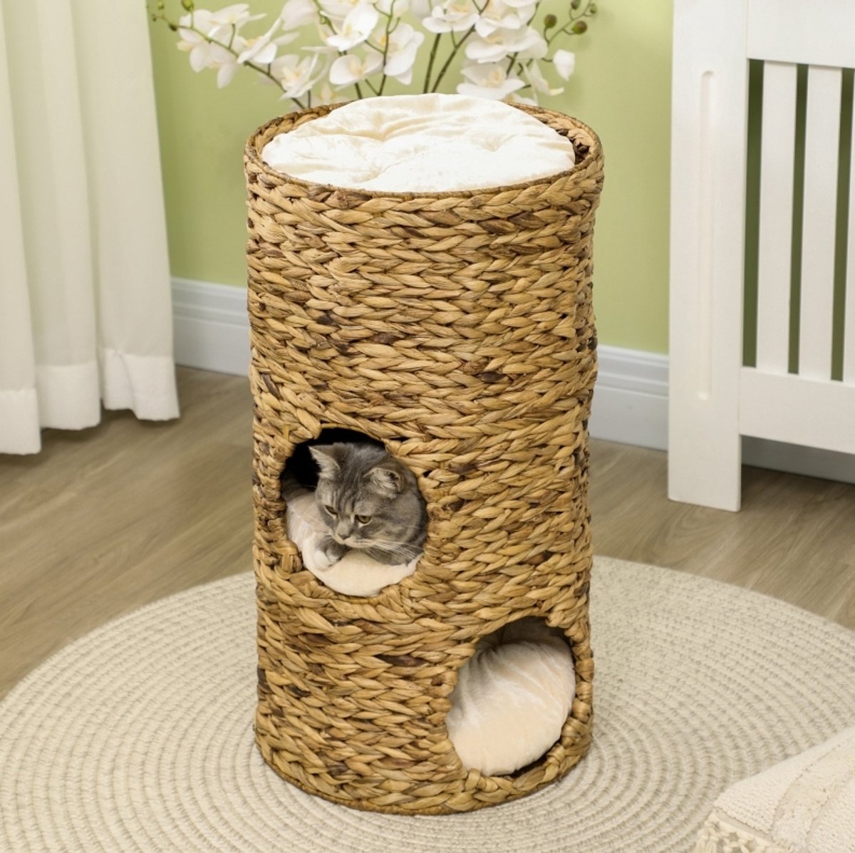 REDOM - Kattenkrabton met 3 niveaus en 3 ingangen - Met uitneembare kussens en observatieplatform - Waterhyacint gevlochten - Rustieke stijl - Woonkamer - Bruin en Crèmewit - Ø40 x 73 cm