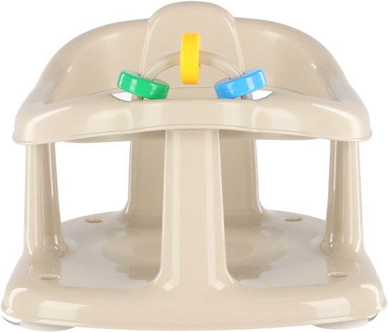 Beige badzitje met een gele, groene en blauwe draaibare ringen speelboog.