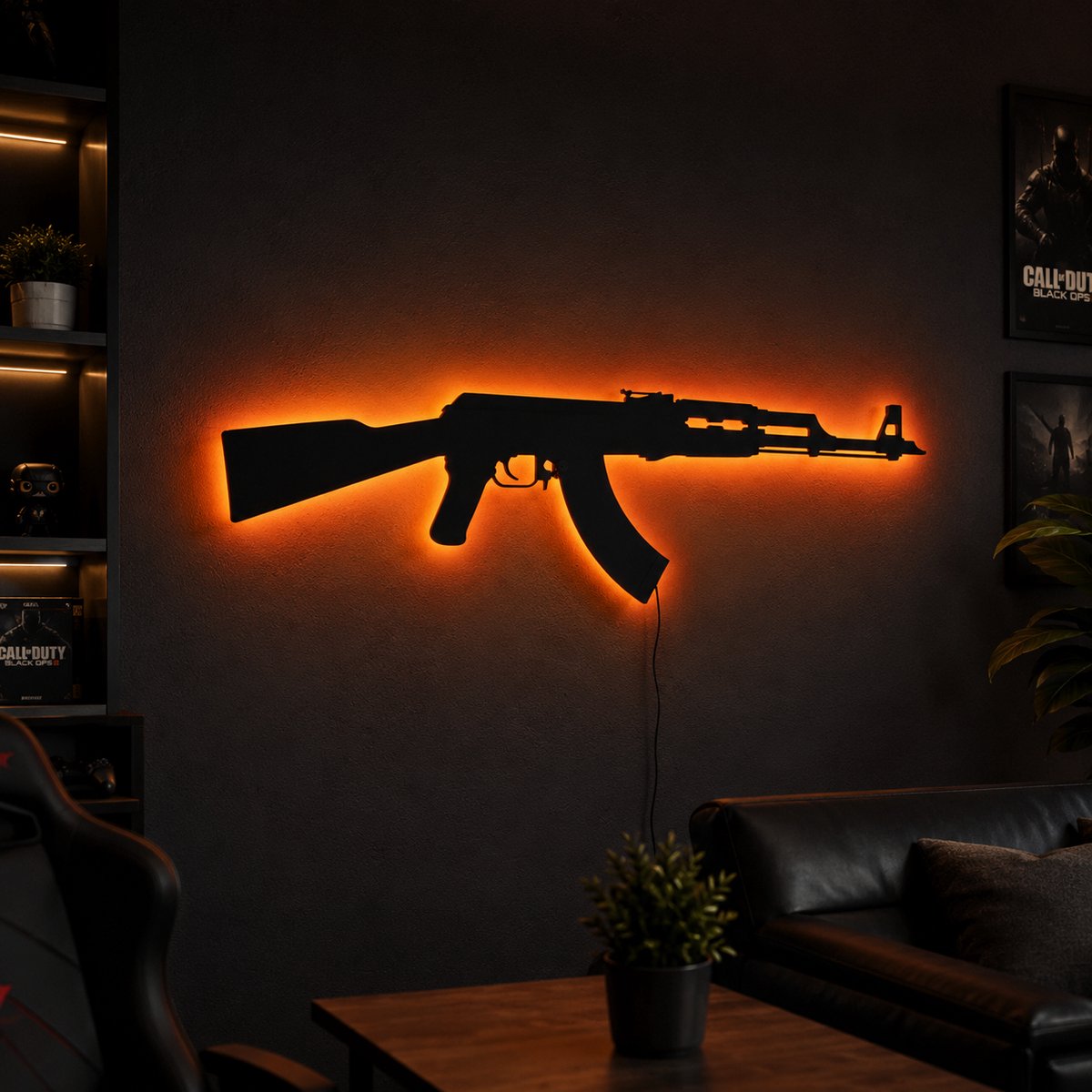 AK-47 Silhouet RGB LED Wandlamp – 75 cm – 15 Kleuren – Afstandsbediening – Gaming & Mancave Wanddecoratie