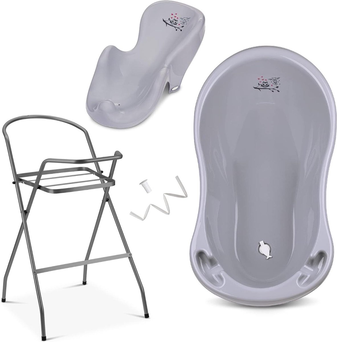 Babybad met standaard - Babybadje babyverzorging - Veilig baby badderen - TÜV gecertificeerd - 86 cm hoogte - Uil grijs