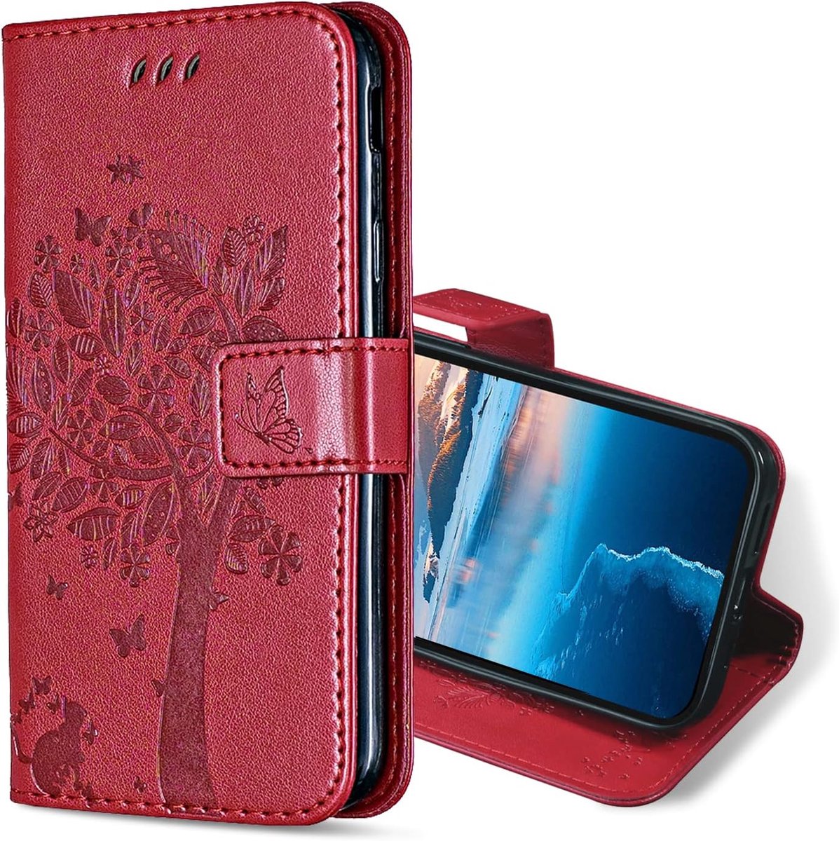 Hoesje voor Oppo A52 / Oppo A72 / Oppo A92, Kunstleren Bookcase Hoes met Pasjeshouder, Retro Kat en Boom Telefoonhoesjes Wallet Case voor Oppo A52 / A72 / A92 (Rood)