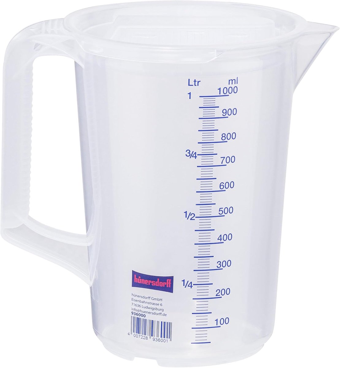 Maatbeker - 1 liter - Polypropeen - Vaatwasserbestendig - Ergonomische Greep - Transparant en Blauw