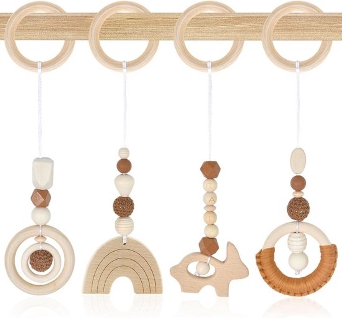 Speelboog voor Baby's vanaf 0 Maanden, 4 Stuks Houten Hangspeelgoed voor Kinderwagen en Autostoel