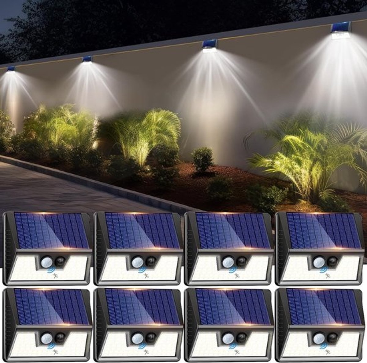 8 solar-led-spotlights - Met bewegingssensor - Tuinverlichting met 3 modi - Waterdicht - Voor tuin, oprit, patio en garage