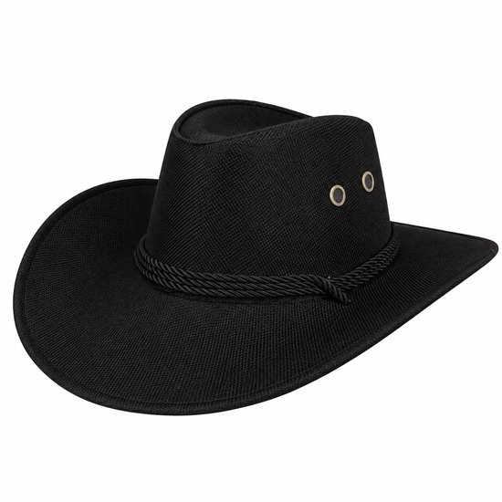 Zwart linnenlook cowboyhoed met touwband en goudkleurige oogjes.