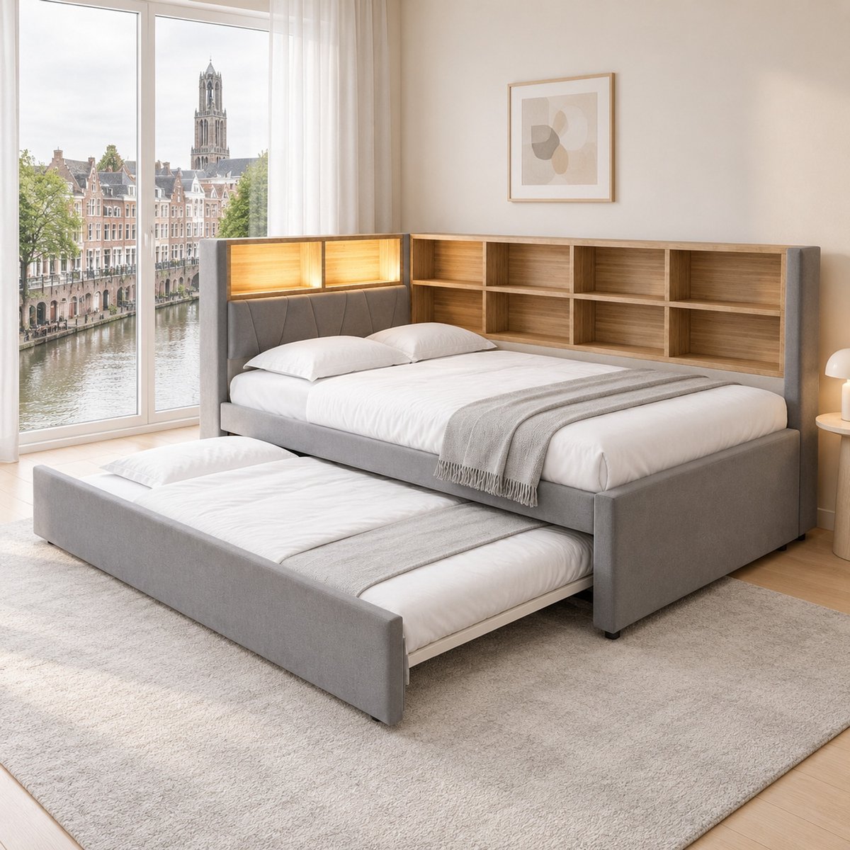 WUVRIE Slaapbank 90x200 cm met uitschuifbed 90x190 cm, LED-verlichting, USB, opbergruimte en stopcontact, donkergrijs