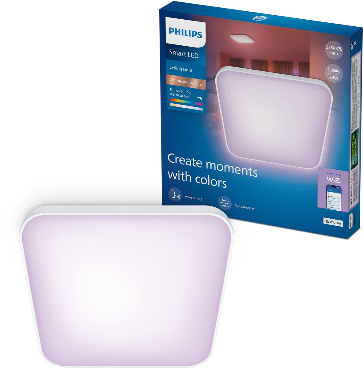 Philips Smart Lighting - plafondlamp - rgb - gekleurd en instelbaar wit licht - dimbaar - breedte: 37,5cm - wit - 24w - vierkant - werkt met de wiz app - wifi
