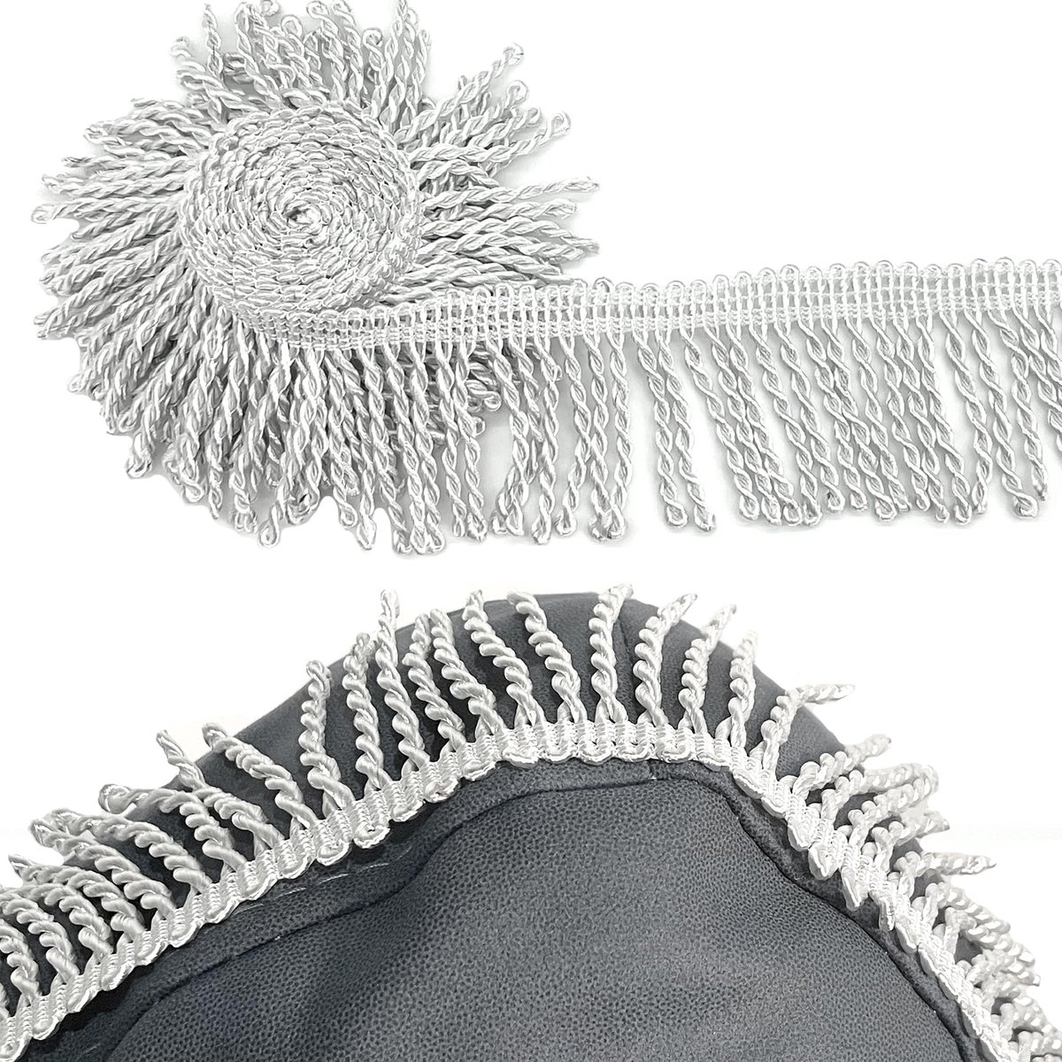 Franje, 3 m lang, diameter 5,5 cm, zilver polyester, voor gordijnen, sjaals, quilts, knutselen