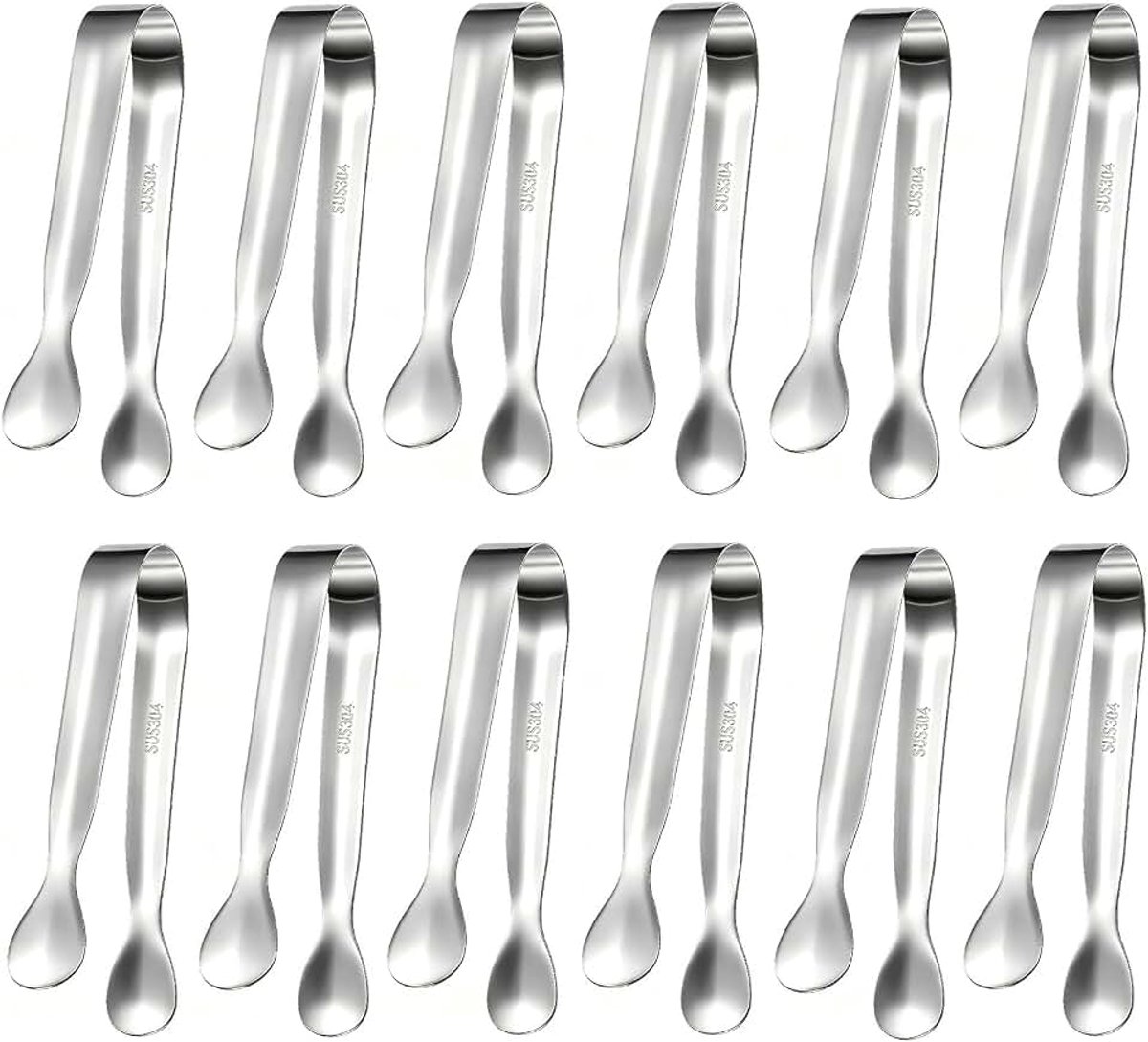 Candybar Tang, 12 stuks, vaatwasbestendig, 11 cm lengte, voor ijsblokjes, suiker en snacks, met spiegelglans en afgeronde punten, zilver