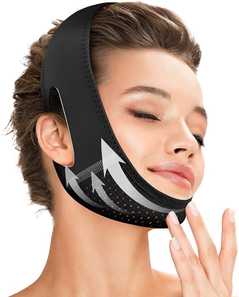 Bandage Zwart - Ademend Kinbandage voor Gezichtscontouren - Verstelbare V-vorm Band met Mesh-Design & Ooruitsparing - Beauty-Tool voor de Kinregio