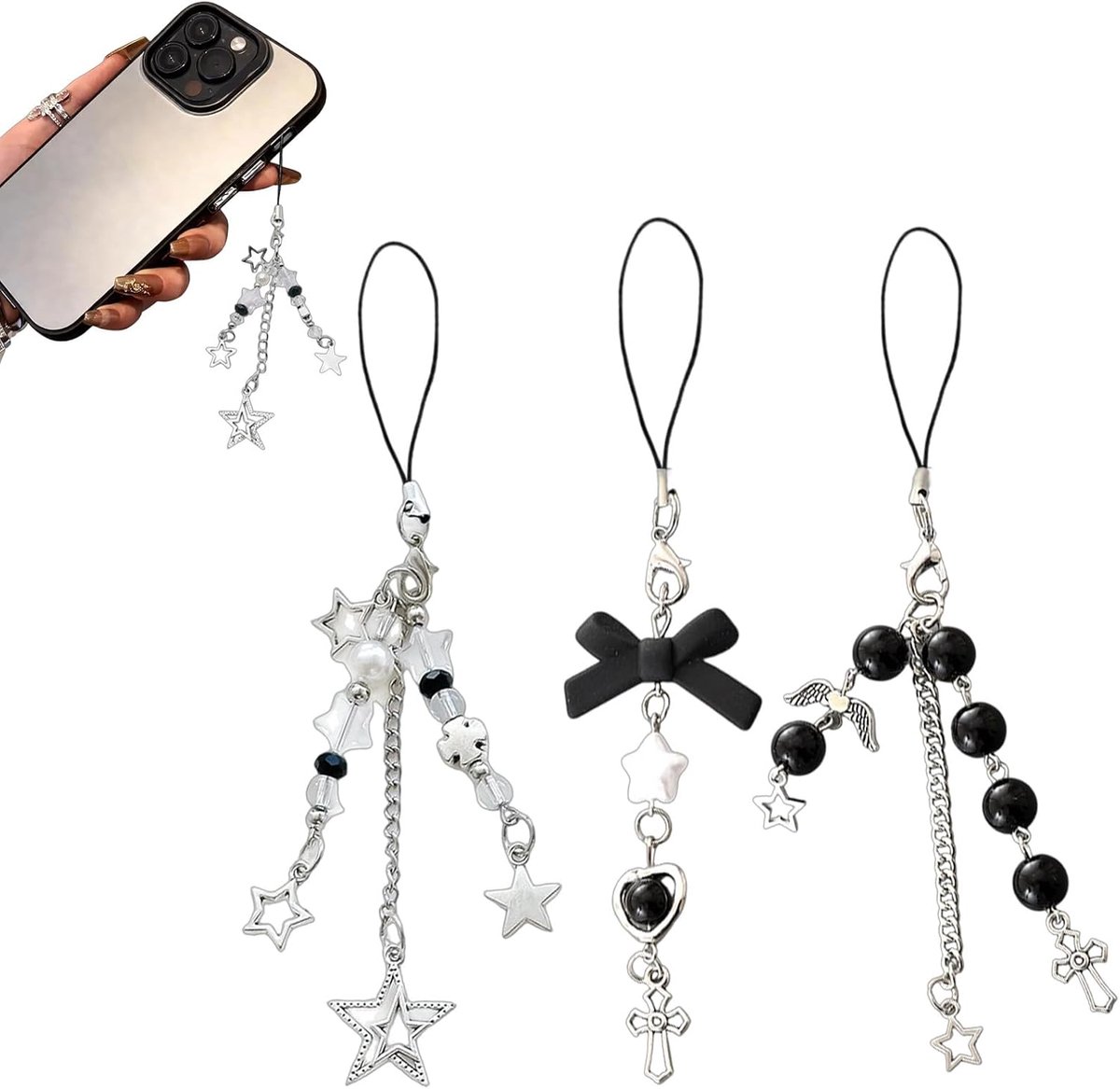 Accessoires – 3 Stuks Esthetische Mobiele Telefoonhangers met Draagkoord – Telefoonbedels voor Sleutels, Camera, Rugzak – Zwart met Vlinder, Ster en Kruis – Decoratief Cadeau voor Meisje