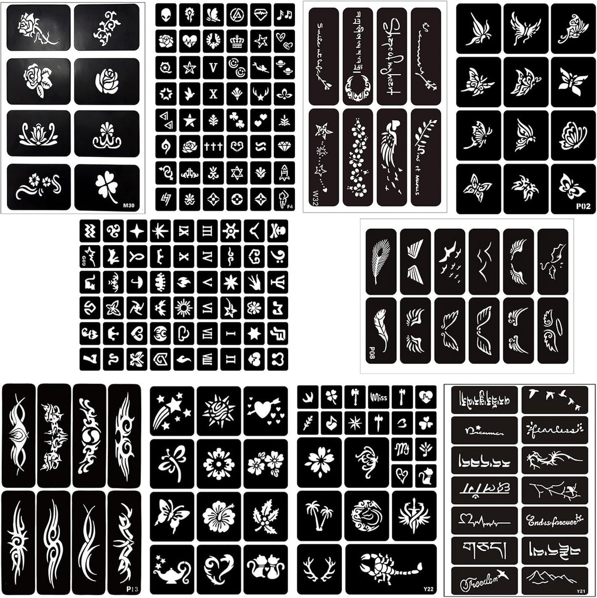 Holle tattoo-sjablonen, tijdelijke lichaamskunstsjablonen voor dames en meisjes, voor body art, festival en party, zelfklevende tattoo-sjablonen, henna-accessoires, 10 stuks