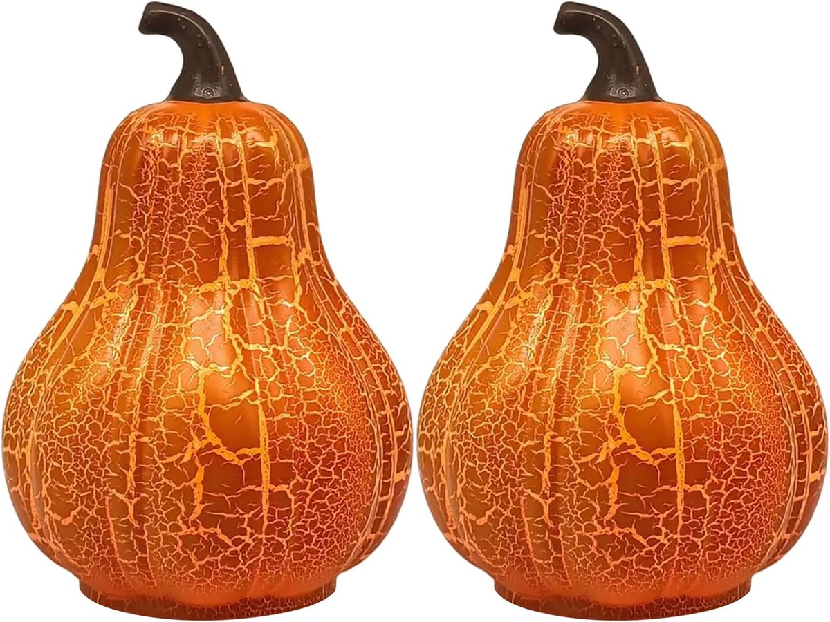 Pompoenlampjes - 2-delige Set Oranje Crackle Finish Pompoenverlichting - Halloween Glow Decoratie - Tafeldecoratie en Feestaccessoire - Formaat 7x10.5 cm - Oranje - 2 Stuks